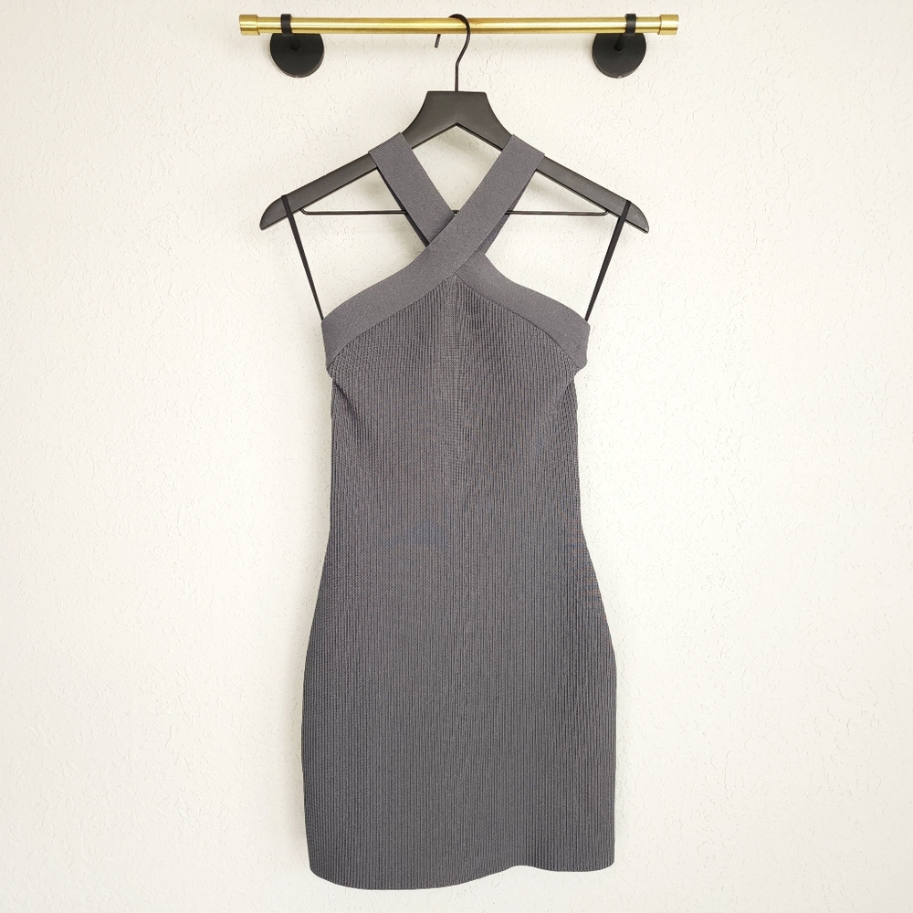Aritzia Babaton S Ionic Grey Sculpt Knit Ribbed Criss Cross Halter Mini Dress